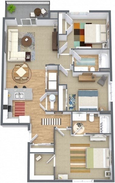Floor plan for 3 beds, 2 baths, 1263 sqft
